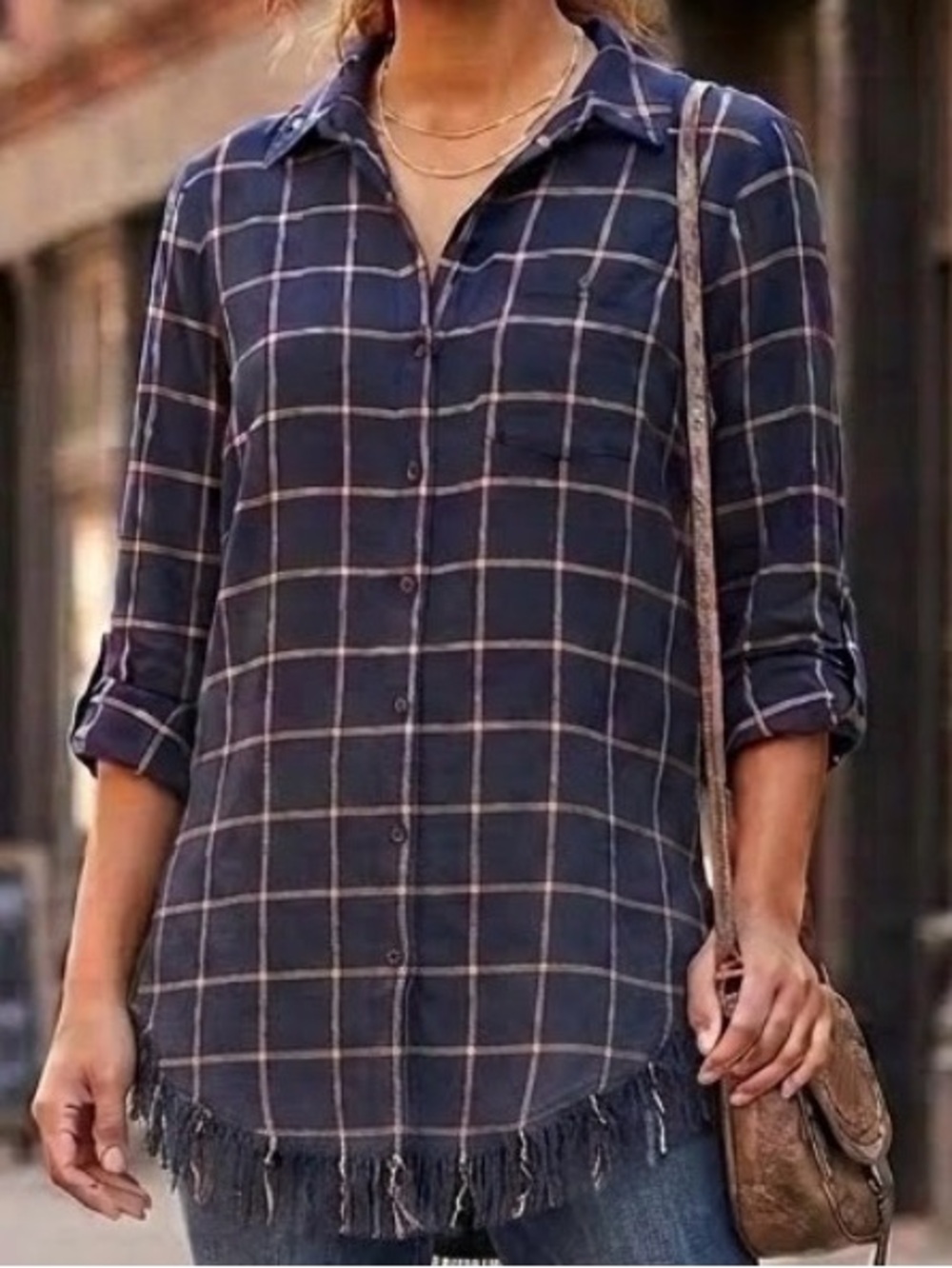 Romeo & Juliet navy and mustard yellow plaid shirt sz Small EUC